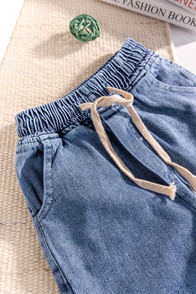 Yıldız Detaylı Beli Lastik Belli Bol Paca Denim Kız Çocuk Pantolon