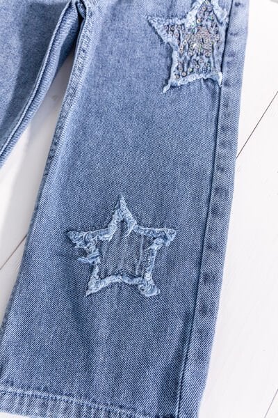 Yıldız Detaylı Beli Lastik Belli Bol Paca Denim Kız Çocuk Pantolon