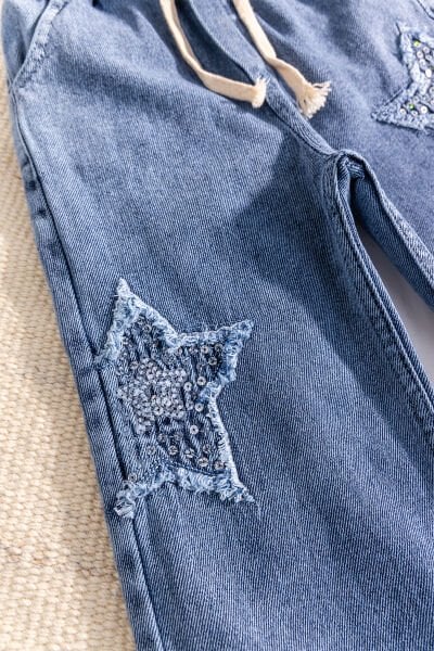 Yıldız Detaylı Beli Lastik Belli Bol Paca Denim Kız Çocuk Pantolon