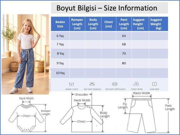 Yıldız Detaylı Beli Lastik Belli Bol Paca Denim Kız Çocuk Pantolon