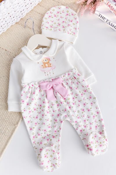 Çİçek Baskılı Bebe Yaka 100% Pamuk Kız Bebek Tulum PEMBE -  0-3 AY