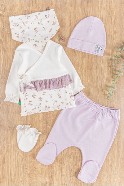 Çiçek Desenli Güpürlü 5 Parça Kız Bebek Hastane Çıkışı Bebek Takımı