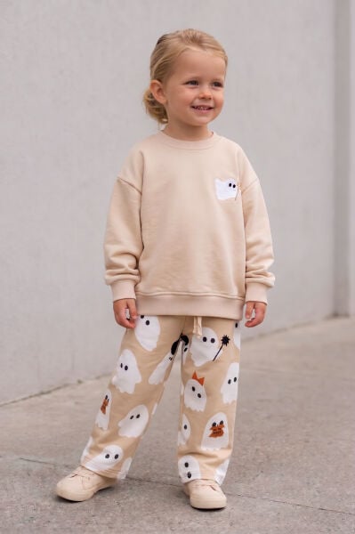Hayalet Desenli Bej Kız Erkek Çocuk Sweatshirt ve Alt Eşofman Çocuk Takım