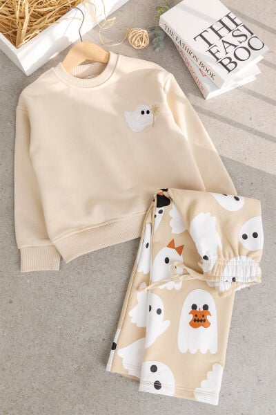 Hayalet Desenli Bej Kız Erkek Çocuk Sweatshirt ve Alt Eşofman Çocuk Takım