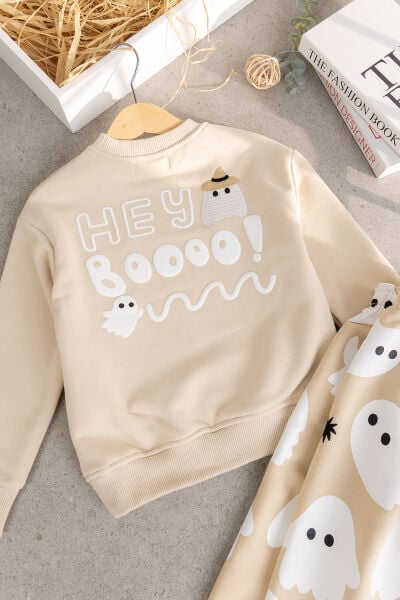Hayalet Desenli Bej Kız Erkek Çocuk Sweatshirt ve Alt Eşofman Çocuk Takım