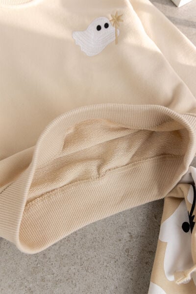 Hayalet Desenli Bej Kız Erkek Çocuk Sweatshirt ve Alt Eşofman Çocuk Takım