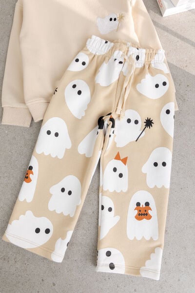 Hayalet Desenli Bej Kız Erkek Çocuk Sweatshirt ve Alt Eşofman Çocuk Takım