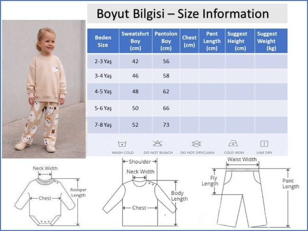 Hayalet Desenli Bej Kız Erkek Çocuk Sweatshirt ve Alt Eşofman Çocuk Takım