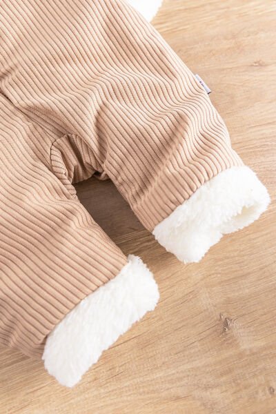 Kapüşonlu Kadife İçi Peluş Welsoft Erkek Bebek Tulum BEJ -  9-12 AY