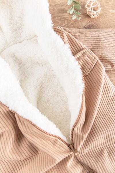 Kapüşonlu Kadife İçi Peluş Welsoft Erkek Bebek Tulum BEJ -  9-12 AY