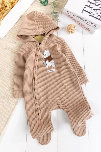 Kapişonlu Ayıcık Desenli 100% Pamuk Erkek Bebek Tulum