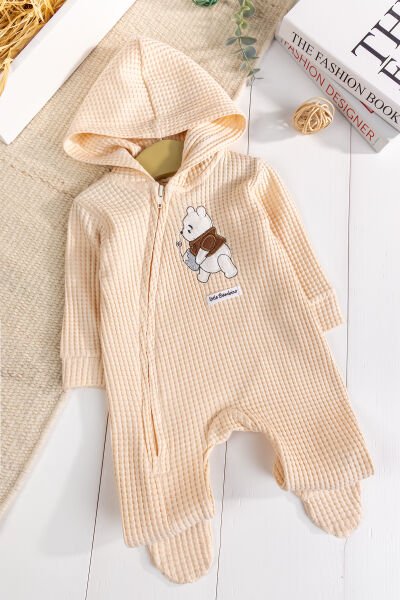 Kapişonlu Ayıcık Desenli 100% Pamuk Erkek Bebek Tulum