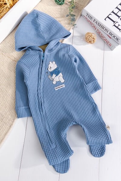 Kapişonlu Ayıcık Desenli 100% Pamuk Erkek Bebek Tulum