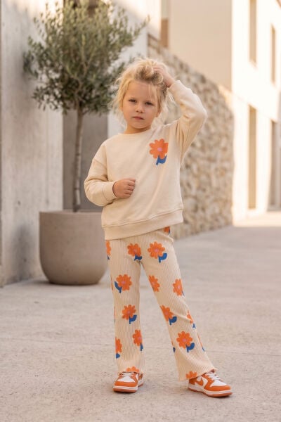 Kız Çocuk Pamuklu Bej Çiçek Desenli Sweatshirt Tayt Takım Yumuşak dokulu