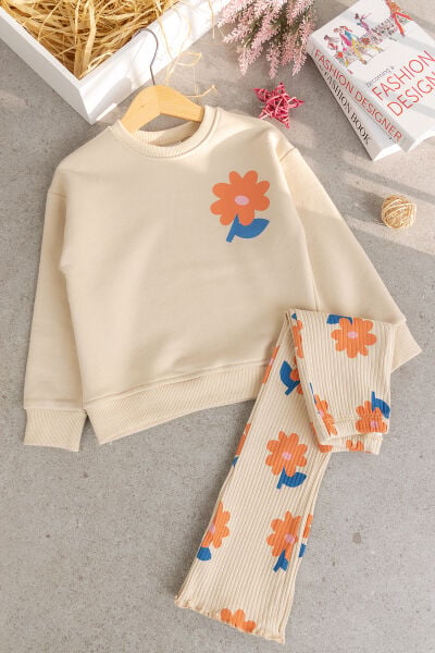 Kız Çocuk Pamuklu Bej Çiçek Desenli Sweatshirt Tayt Takım Yumuşak dokulu