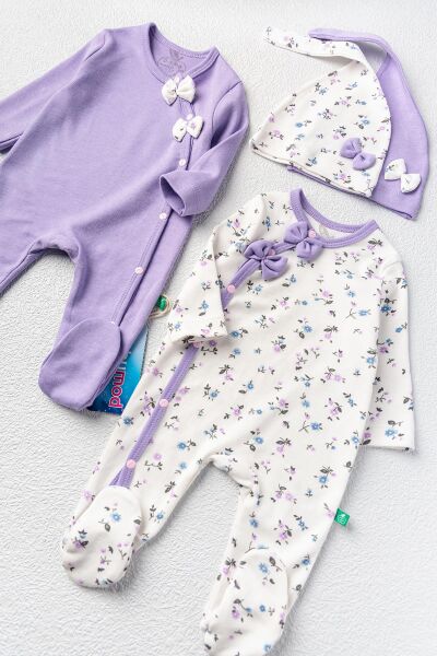 Kız Bebek Tulum Çiçek Desenli İkili Uzun Kollu Tulum Takım