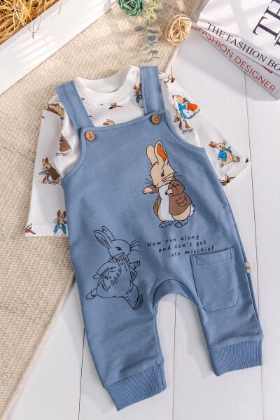 Tavşan Fiğürlü 2'li Erkek Bebek Salopet Tulum