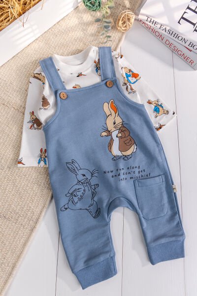 Tavşan Fiğürlü 2'li Erkek Bebek Salopet Tulum