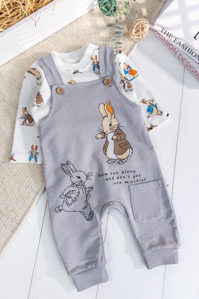 Tavşan Fiğürlü 2'li Erkek Bebek Salopet Tulum