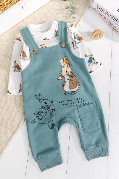 Tavşan Fiğürlü 2'li Erkek Bebek Salopet Tulum YEŞİL -  6-9 AY