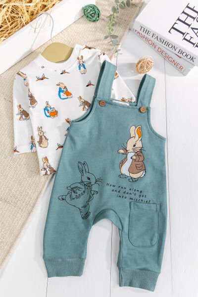 Tavşan Fiğürlü 2'li Erkek Bebek Salopet Tulum YEŞİL -  6-9 AY