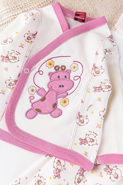 Dino Figürlü Pembe Kız Bebek Hastane Çıkışı Bebek Takımı KREM -  0-3 AY