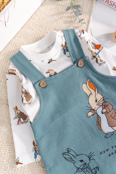 Tavşan Fiğürlü 2'li Erkek Bebek Salopet Tulum YEŞİL -  9-12 AY