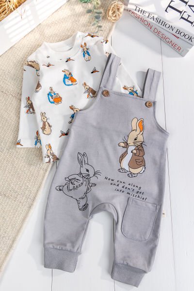 Tavşan Fiğürlü 2'li Erkek Bebek Salopet Tulum GRİ - 3-6 AY