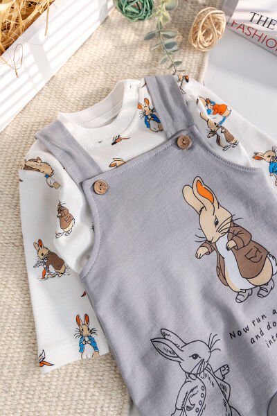 Tavşan Fiğürlü 2'li Erkek Bebek Salopet Tulum GRİ -  6-9 AY