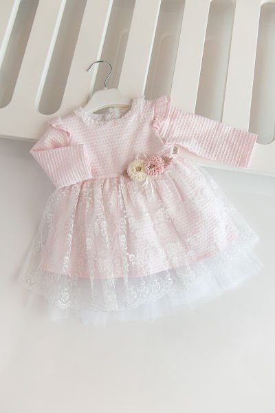 Babymod Güpürlü Penye Uzun Kollu Bebek Elbise PEMBE - 18-24 AY