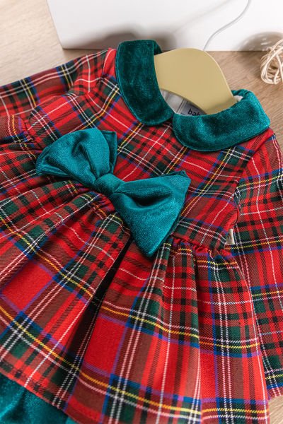 Ekose Desenli Bandanalı Kırmızı Kız Bebek Elbise