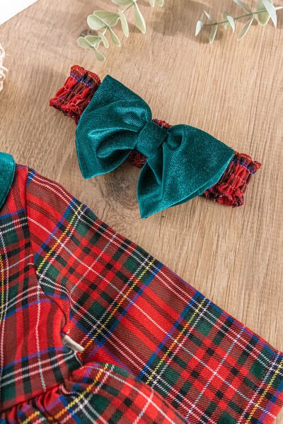 Ekose Desenli Bandanalı Kırmızı Kız Bebek Elbise