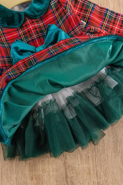 Ekose Desenli Bandanalı Kırmızı Kız Bebek Elbise