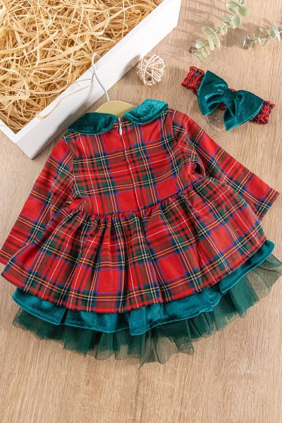 Ekose Desenli Bandanalı Kırmızı Kız Bebek Elbise