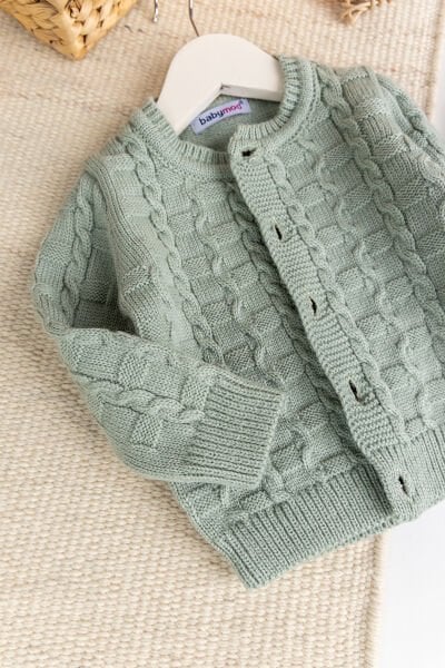 Triko Hırkalı 3'lü Ayarlanabilir Askılı  Örgü Erkek Bebek Salopet Tulum Takım Set YEŞİL -  12 Ay