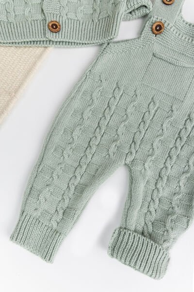 Triko Hırkalı 3'lü Ayarlanabilir Askılı  Örgü Erkek Bebek Salopet Tulum Takım Set YEŞİL -  12 Ay