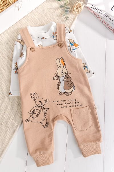 Tavşan Fiğürlü 2'li Erkek Bebek Salopet Tulum BEJ - 3-6 AY