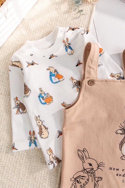 Tavşan Fiğürlü 2'li Erkek Bebek Salopet Tulum BEJ -  6-9 AY