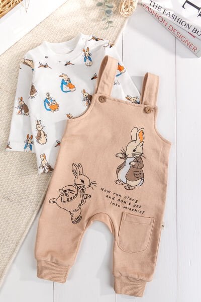 Tavşan Fiğürlü 2'li Erkek Bebek Salopet Tulum BEJ -  9-12 AY