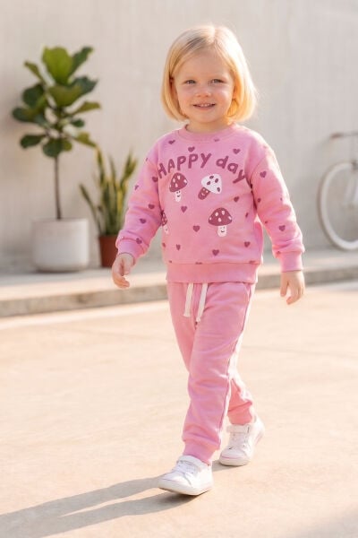 Kız Çocuk  Pembe Sweatshirt Eşofman Altı  İkili Takım