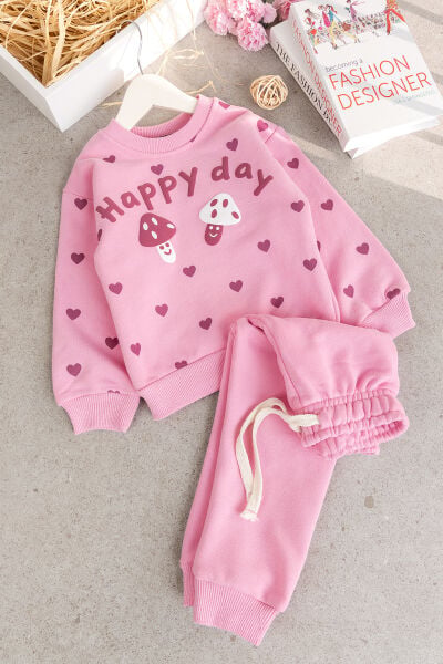 Kız Çocuk  Pembe Sweatshirt Eşofman Altı  İkili Takım