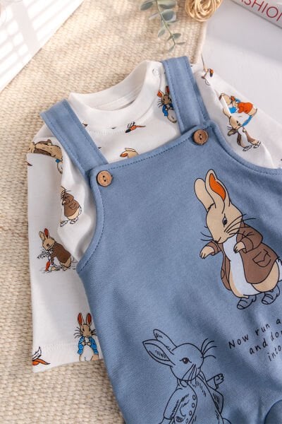 Tavşan Fiğürlü 2'li Erkek Bebek Salopet Tulum MAVİ -  9-12 AY