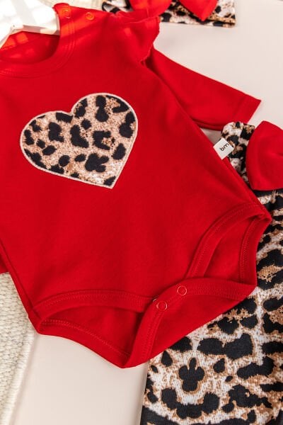 Leopar Desenli 3'lü Pamuklu Kız Bebek Takım Set KIRMIZI -  0-3 AY