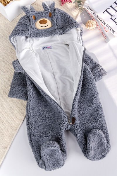 Kapüşonlu Welsoft Peluş Kışlık Kız/Erkek Bebek Tulum GRİ -  0-3 AY