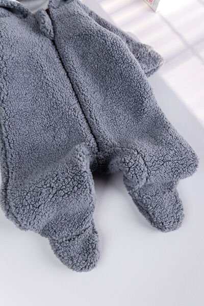 Kapüşonlu Welsoft Peluş Kışlık Kız/Erkek Bebek Tulum GRİ -  0-3 AY