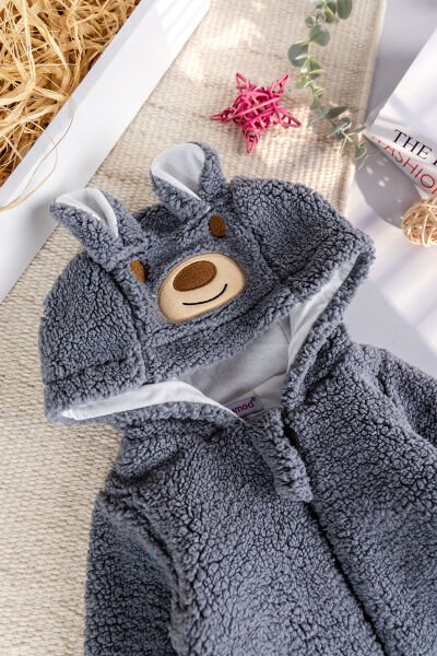 Kapüşonlu Welsoft Peluş Kışlık Kız/Erkek Bebek Tulum GRİ -  0-3 AY