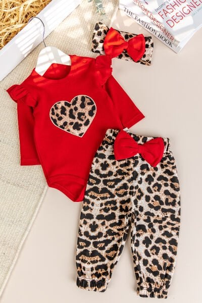 Leopar Desenli 3'lü Pamuklu Kız Bebek Takım Set KIRMIZI - 3-6 AY