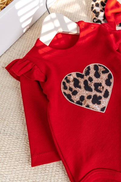 Leopar Desenli 3'lü Pamuklu Kız Bebek Takım Set KIRMIZI - 3-6 AY