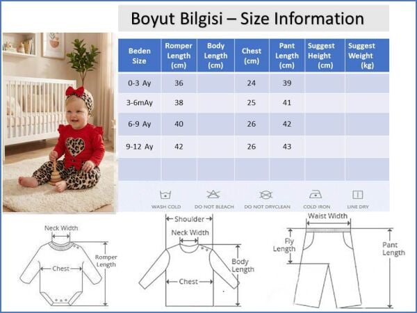 Leopar Desenli 3'lü Pamuklu Kız Bebek Takım Set KIRMIZI - 3-6 AY