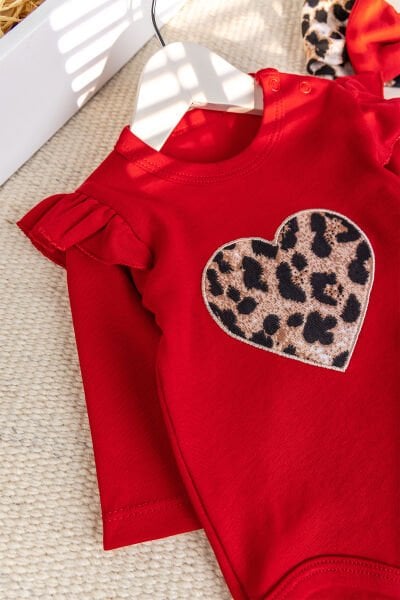 Leopar Desenli 3'lü Pamuklu Kız Bebek Takım Set KIRMIZI -  6-9 AY